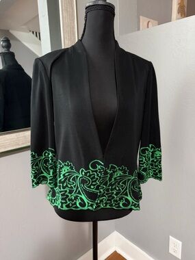 Ming Wang embroidered green paisley knit blazer cardigan black PXS.